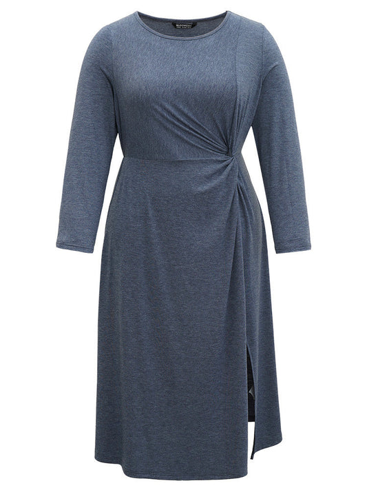 Plain Crew Neck Twist Front Split Hem Dress
