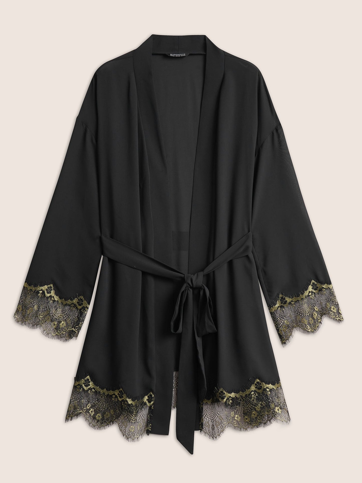 Contrast Lace Patchwork Scalloped Trim Belted Robe