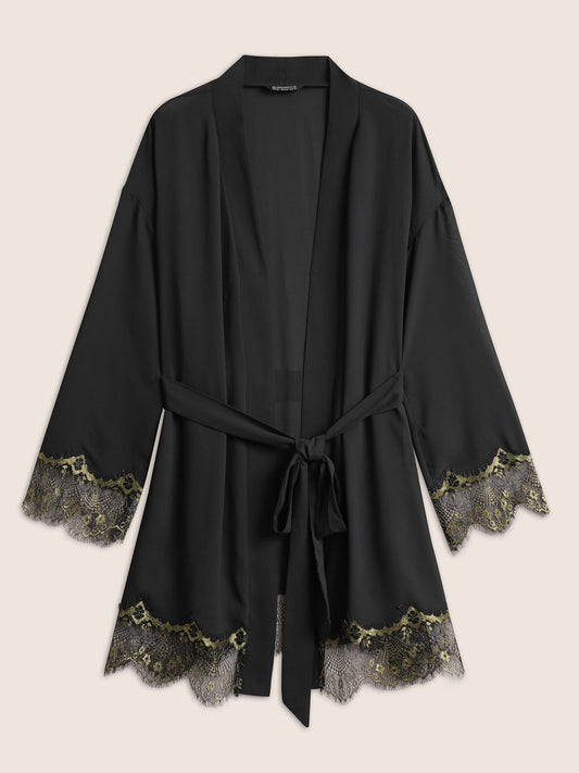 Contrast Lace Patchwork Scalloped Trim Belted Robe