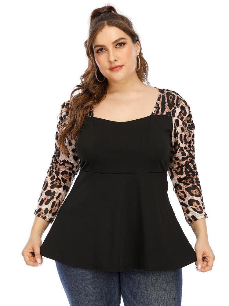 Leoprad Patchwork Square Collar T-shirt