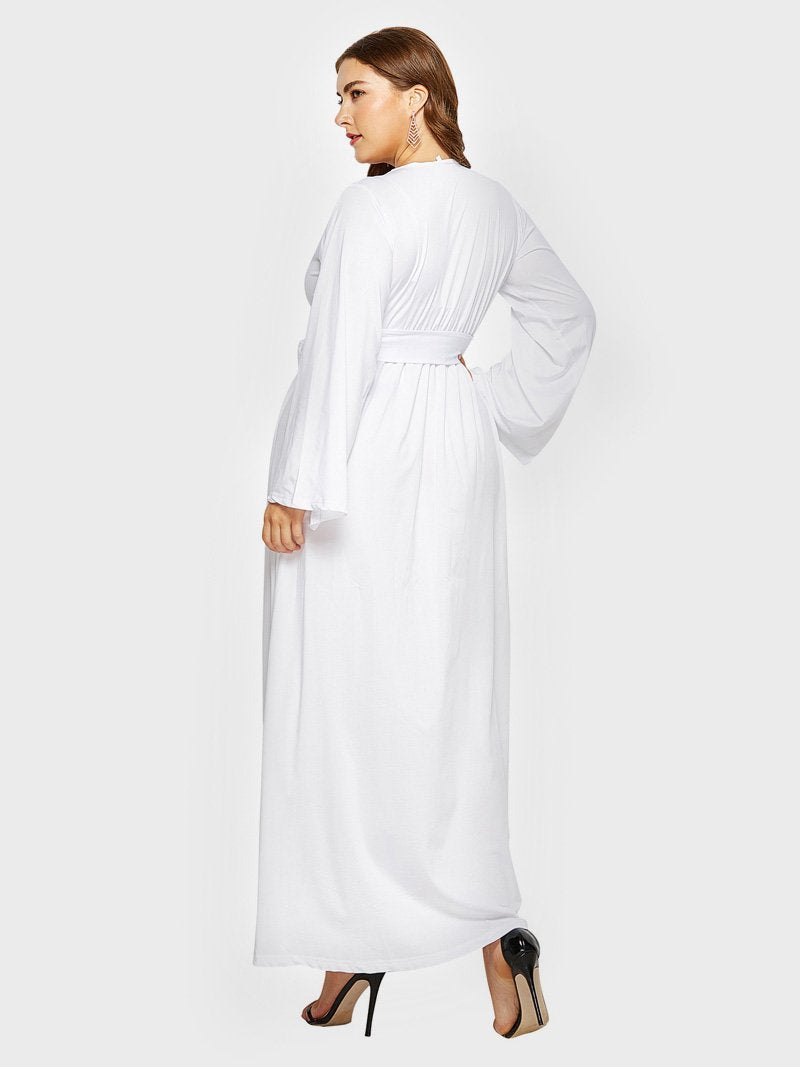 Belt V-neck Solid Color Maxi Dress