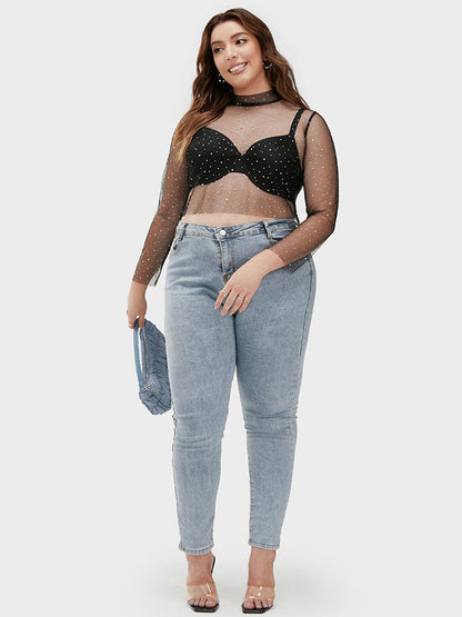 Galaxy Print Mesh Mock Neck Bodycon T-shirt