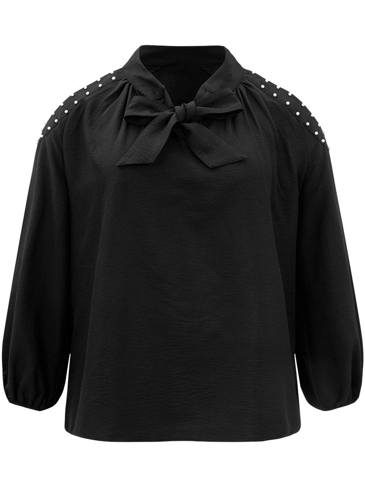 Pearl Beaded Cold Shoulder Keyhole Bowknot Blouse