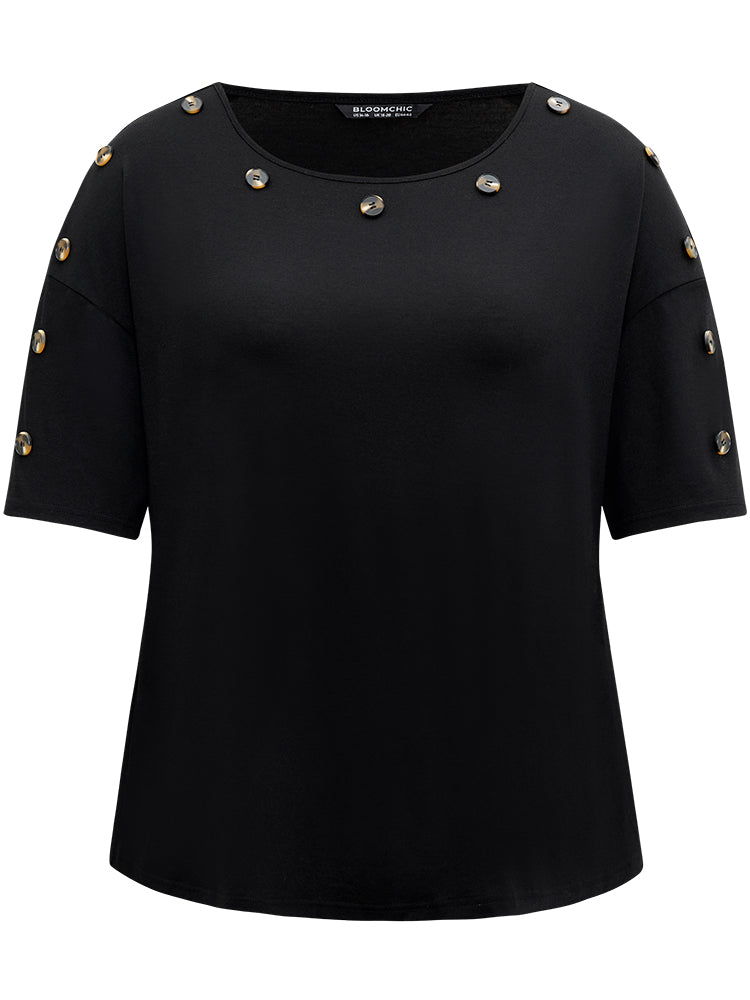 Plain Button Detail Drop Shoulder T-shirt