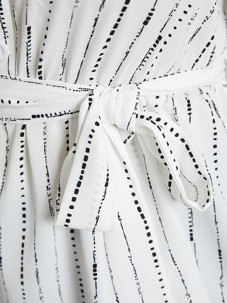 Striped Print Shirt Collar Asymmetrical Hem Button Up Blouse