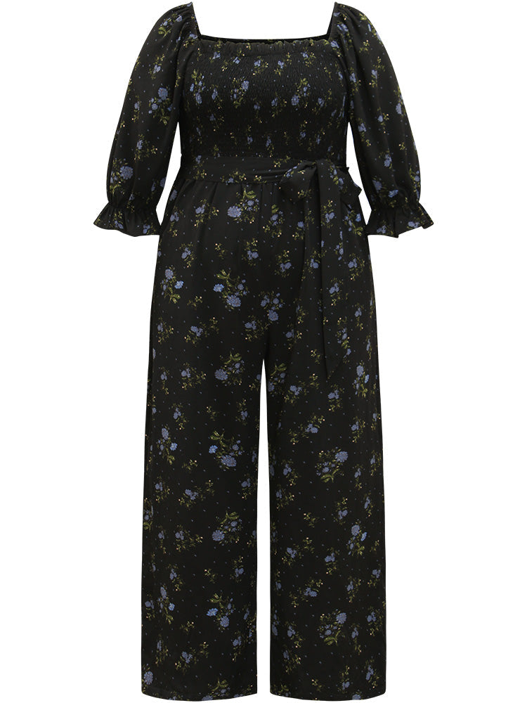 Floral Print Shirred Belted Square Neck Frill Trim Jumpsuit