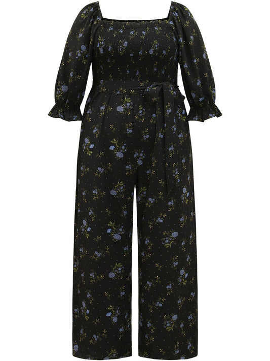 Floral Print Shirred Belted Square Neck Frill Trim Jumpsuit