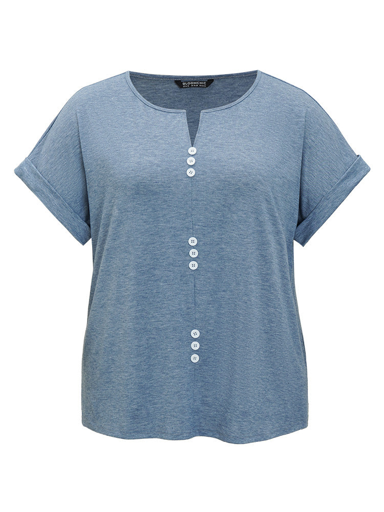 Solid Notched Button Detail Heather Roll Dolman Sleeve T-shirt