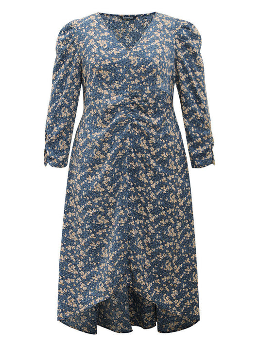 Ditsy Floral Ruched Puff Sleeve Dress