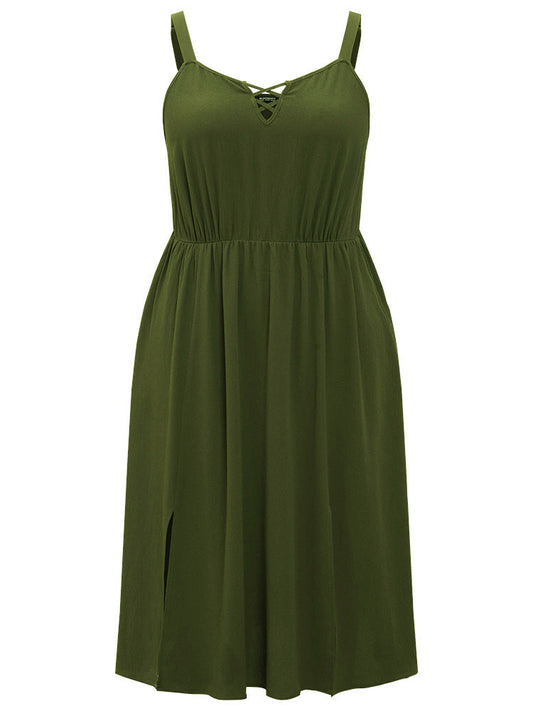 Plain Split Pocket Crisscross Detail Cami Dress