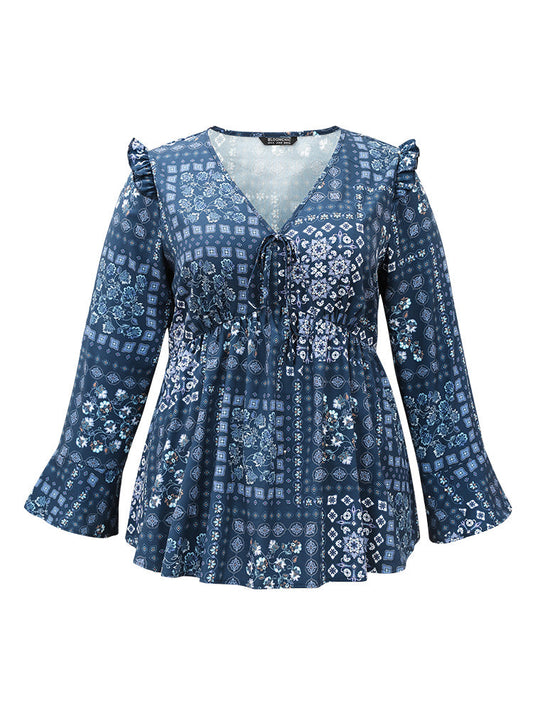 Bandana Print Bowknot Frill Trim Blouse