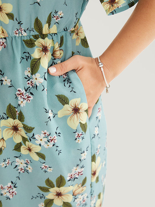 Floral V Neck Button Detail Pocket Jumpsuit