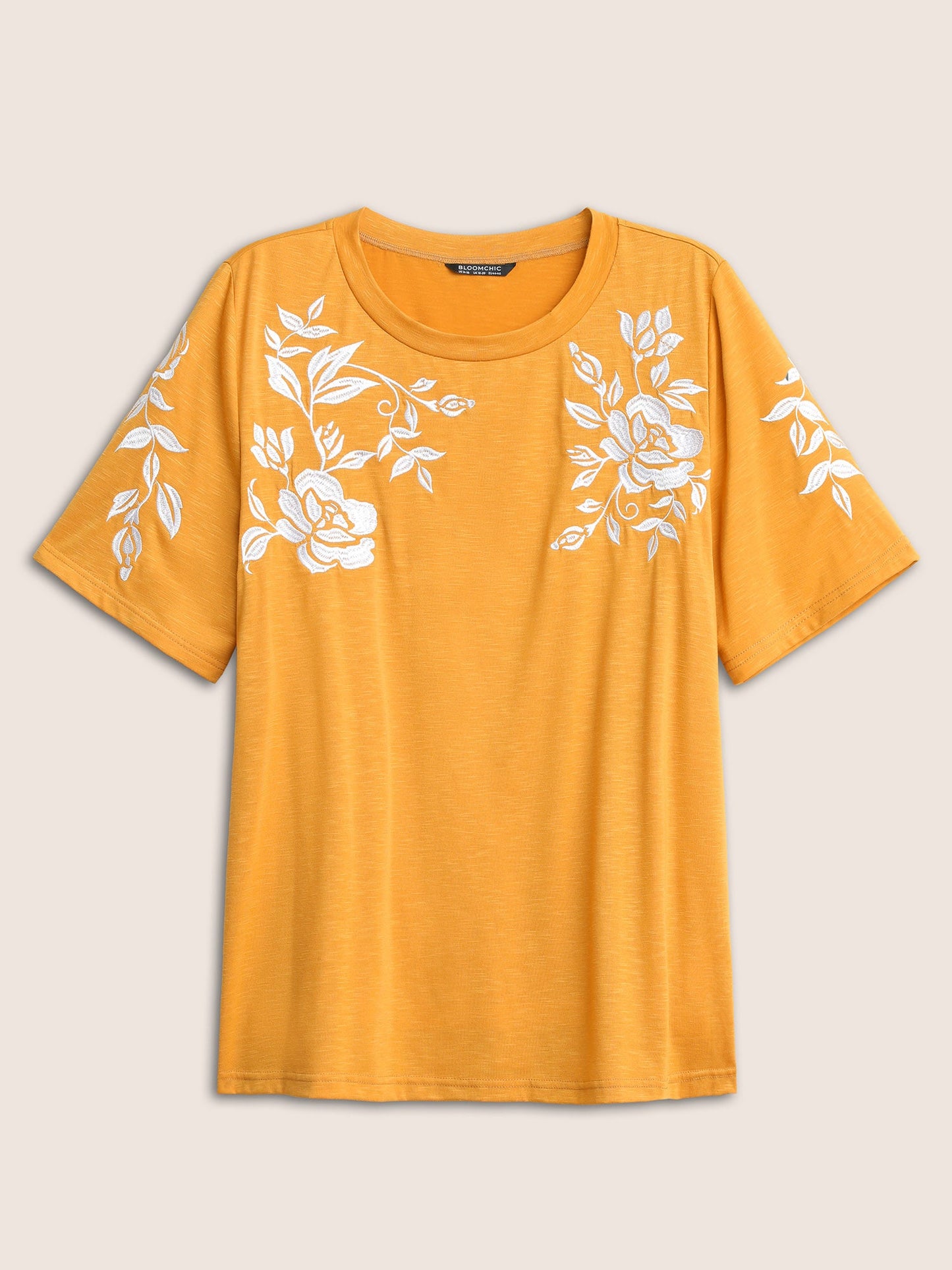 Floral Embroidered Contrast Round Neck T-shirt