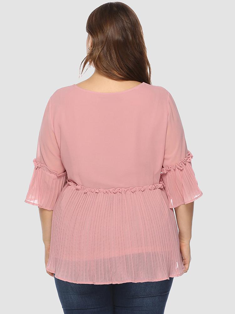 Pleated Hem Solid Color Chiffon T-shirt