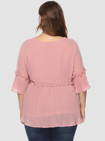 Pleated Hem Solid Color Chiffon T-shirt