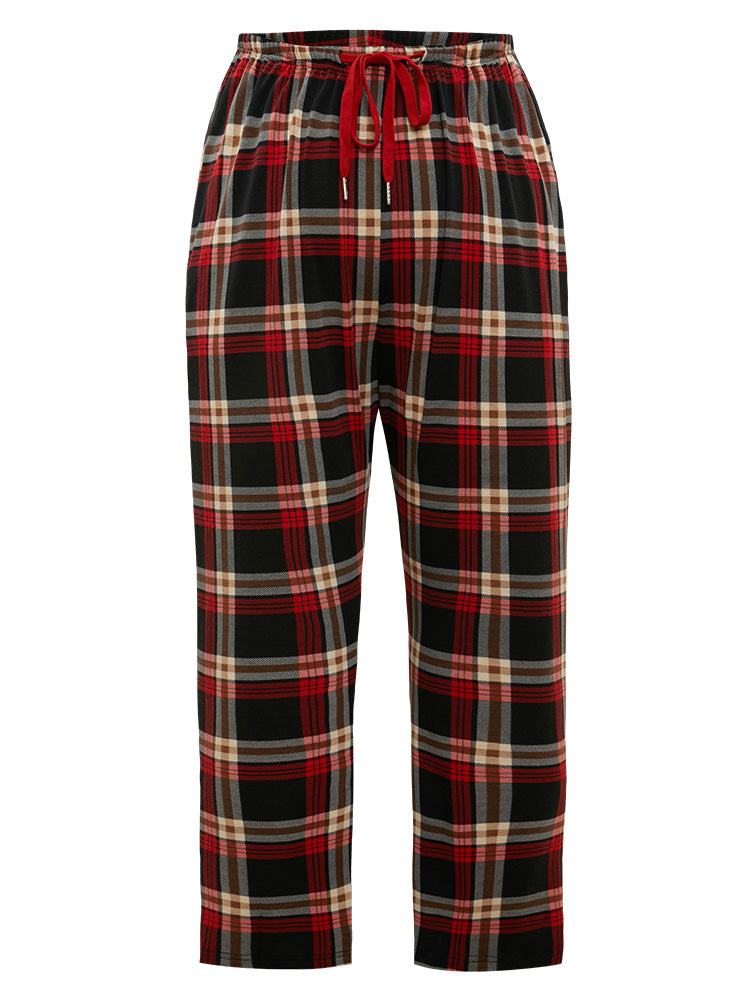 Plaid Elastic Waist Pocket Drawstring Sleep Bottoms
