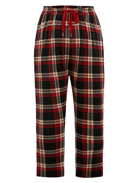 Plaid Elastic Waist Pocket Drawstring Sleep Bottoms