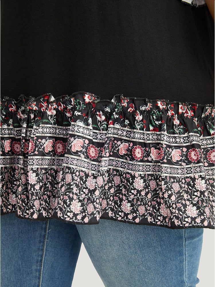 Ditsy Floral Frill Trim Ruffle Raglan Sleeve T-shirt