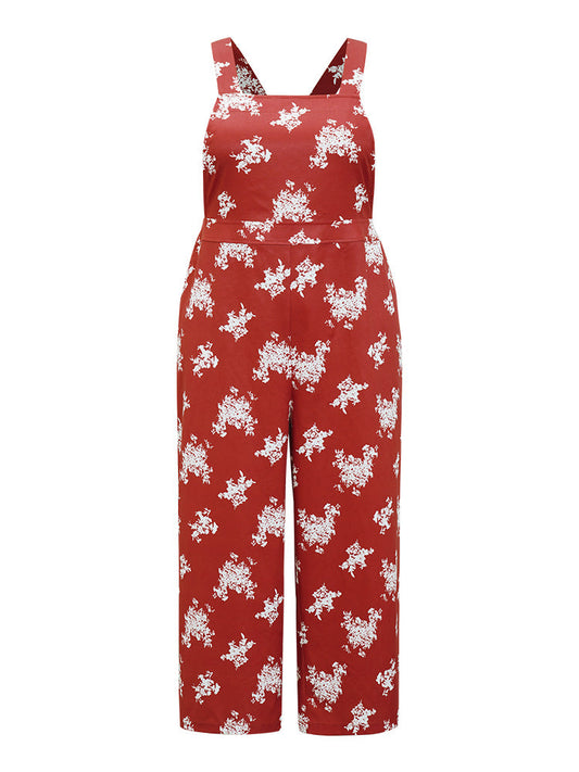 Floral Print Pocket Crossover Back Overall Jumpsuit