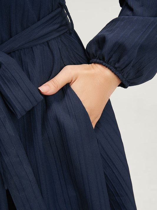 Solid Pocket Tie Neck Lantern Sleeve Belted Arc Hem Dress