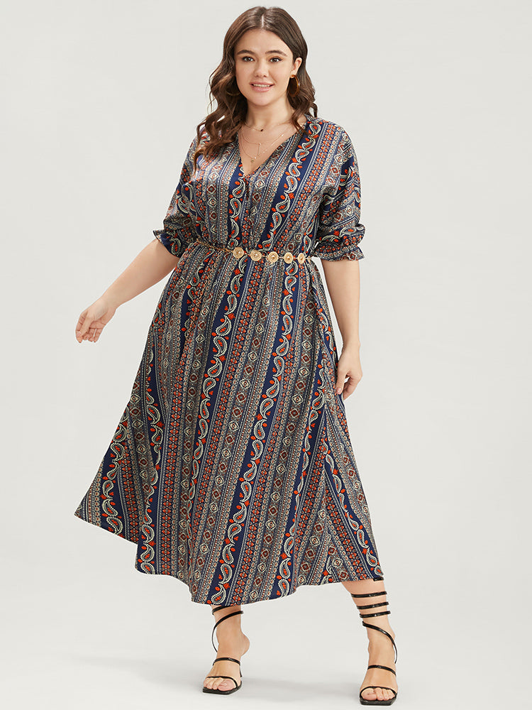 Bandana Print Lantern Sleeve Pocket Surplice Neck Midi Dress