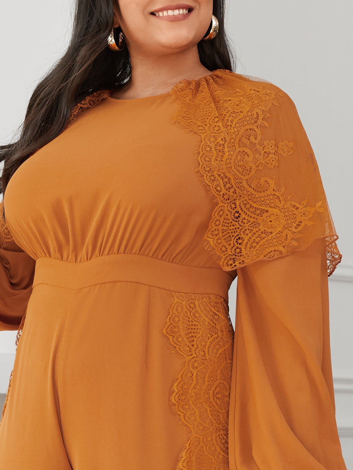 Lantern Sleeve Lace Panel Wide Leg Jumpsuit