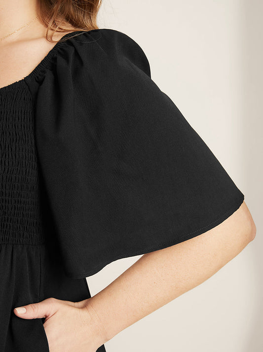 Plain Square Neck Shirred Button Detail Pocket Ruffles Dress