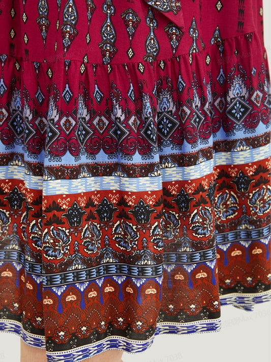 Bandana Patchwork Crew Neck Pocket Belted Ruffles Dress