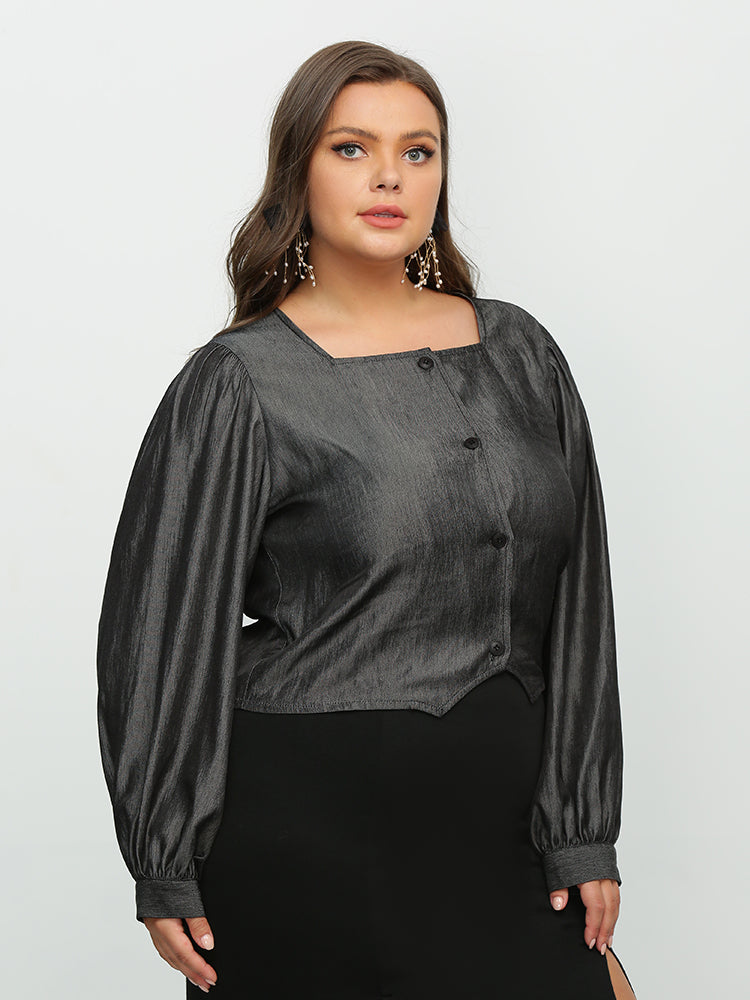 Button Puff Sleeve Square Neck Blouse