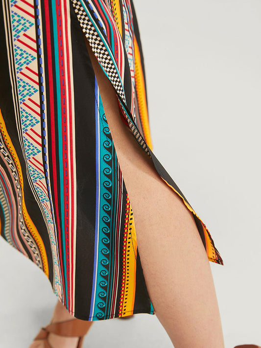 Striped Geometric Split Hem Pocket Batwing Sleeve Dress