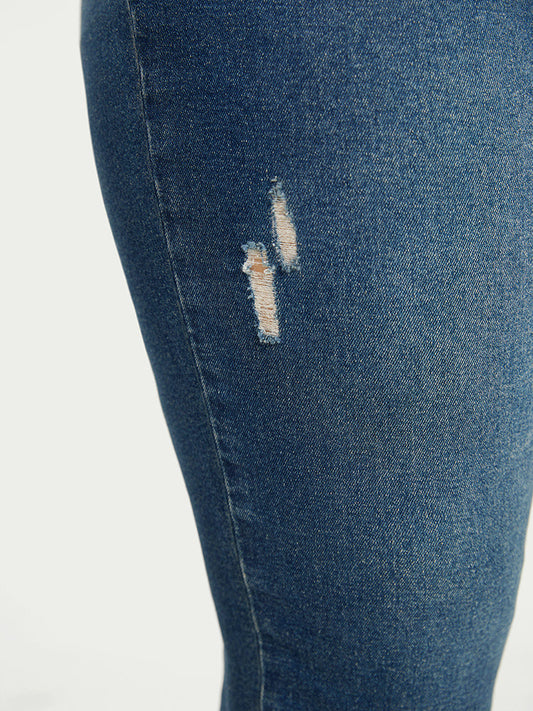 Very Stretchy High Rise Medium Wash Ripped Detail Cropped Jeans