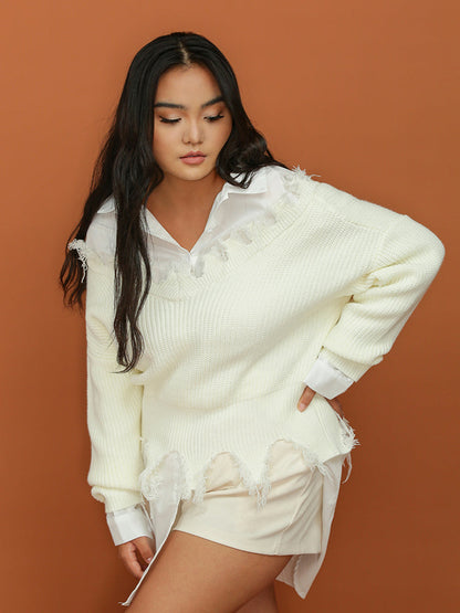 Distressed Raw Hem V Neck Sweater