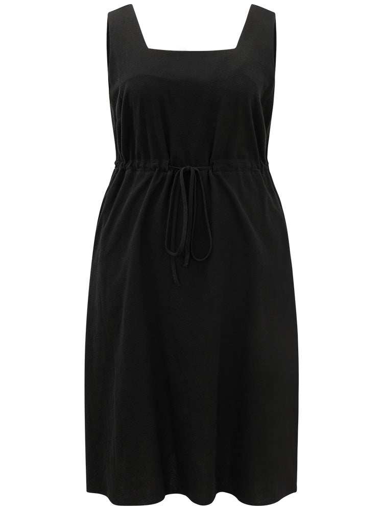 Plain Pocket Drawstring Square Neck Tank Dress
