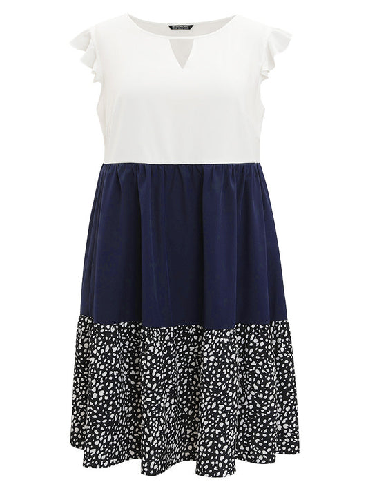 Leopard Print Patchwork Ruffle Cap Sleeve Keyhole Dress