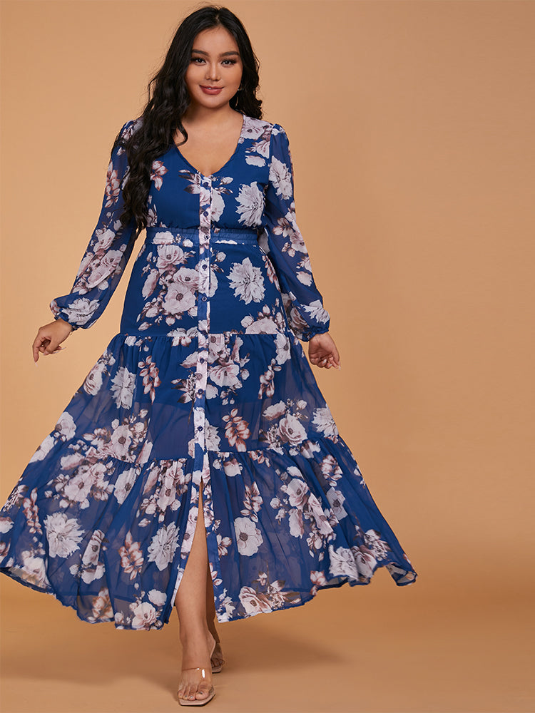 Floral Print Button Ruffle Hem Dress