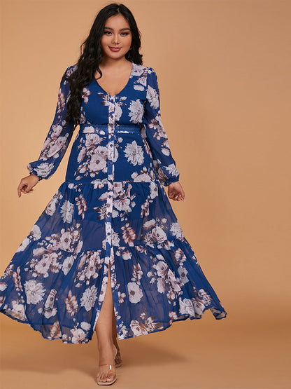 Floral Print Button Ruffle Hem Dress