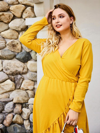 Ruffle V-neck Wrap Solid Color Midi Dress