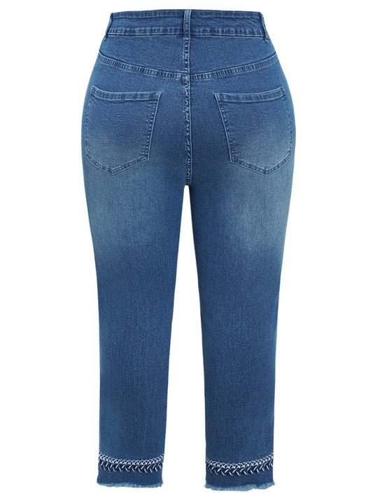 Very Stretchy Medium Wash Embroidered Raw Hem Jeans