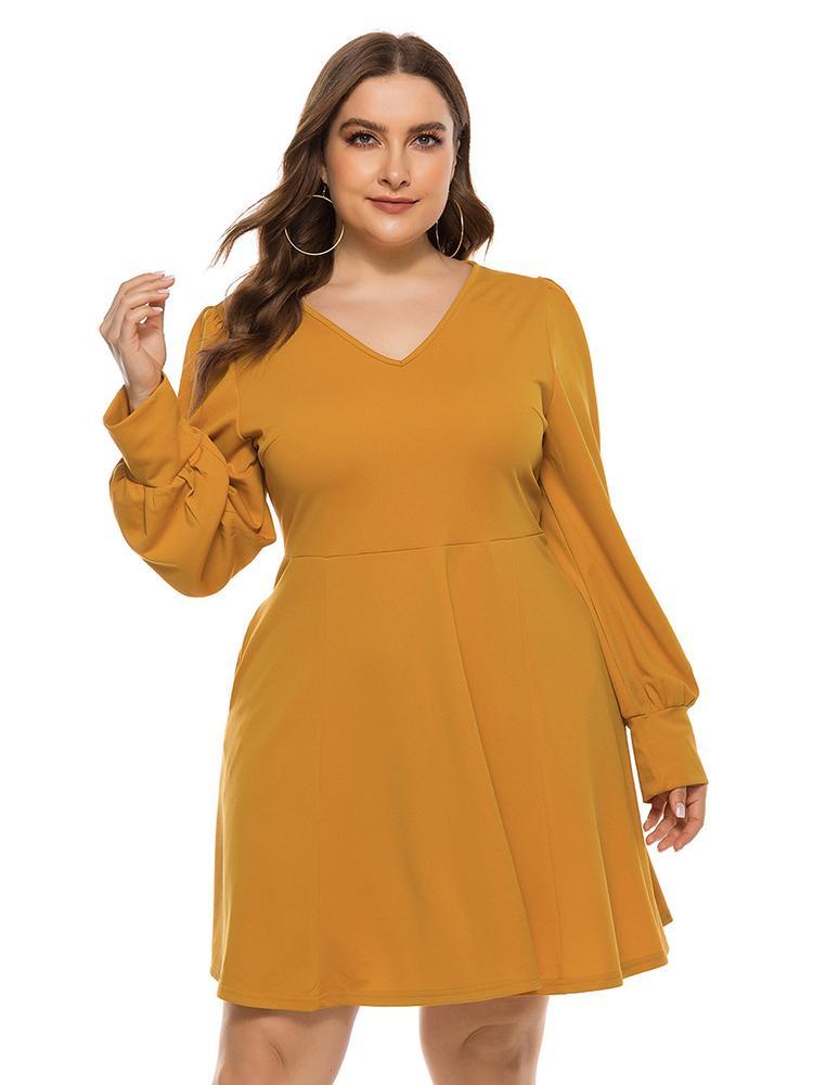 V-neck Lantern Sleeve Solid Color Dress