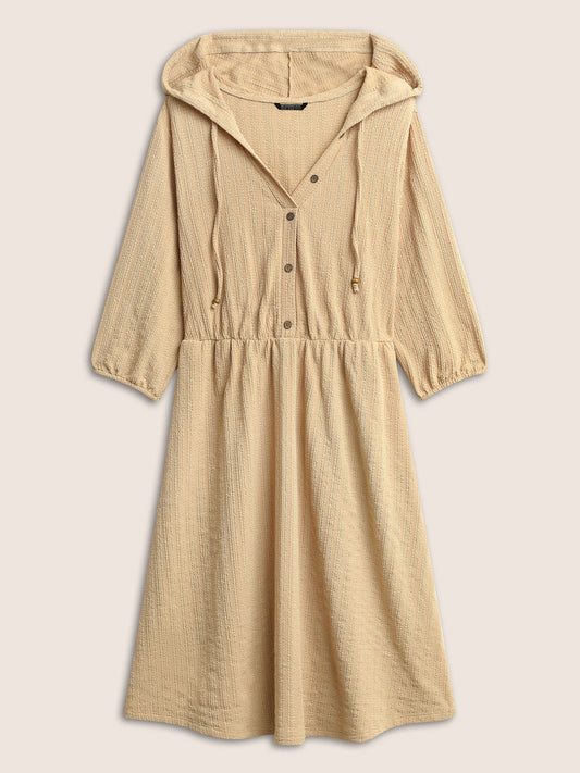 Plisse Hooded Pocket Button Detail Ties Dress