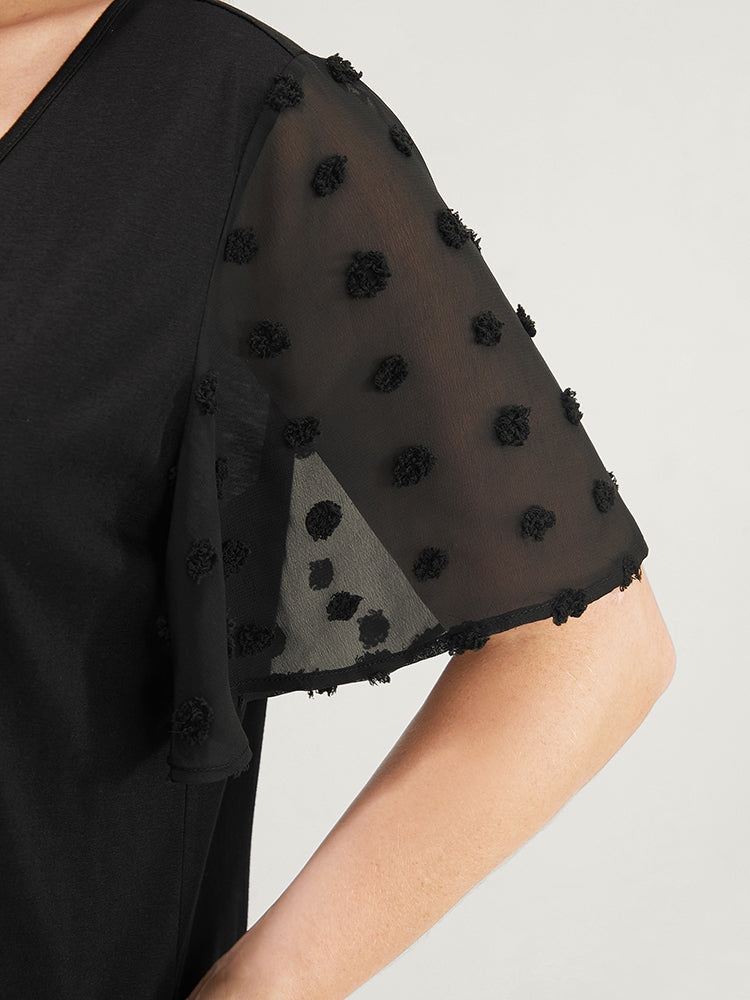Polka Dot Mesh Patchwork Ruffle Sleeve T-shirt