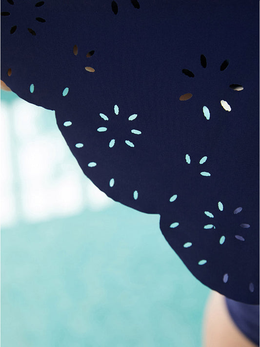 Plain Laser Cut Ruffle Trim Asymmetrical Neck One Piece Swimsuit