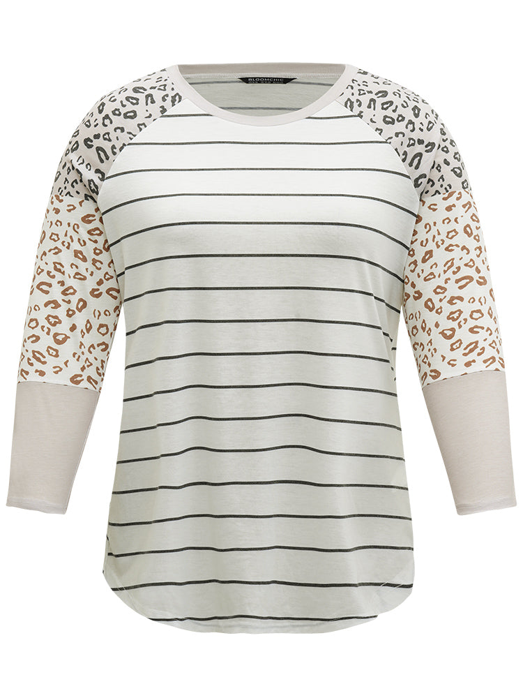 Leopard Striped Patchwork Raglan Sleeve T-shirt