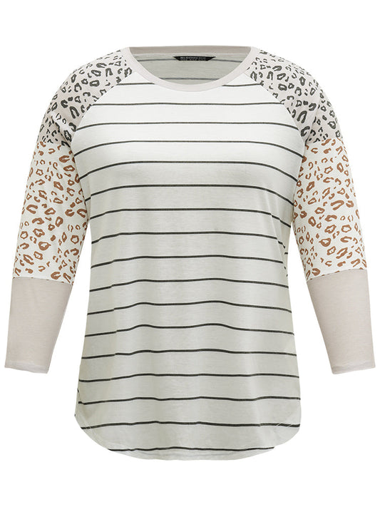 Leopard Striped Patchwork Raglan Sleeve T-shirt