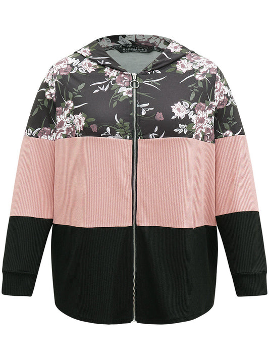 Floral Colorblock Contrast O Ring Zipper Hooded Sweatshirt