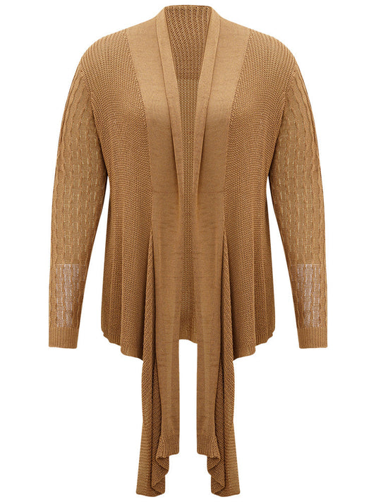 Solid Lapel Collar Patchwork Asymmetrical Hem Cardigan