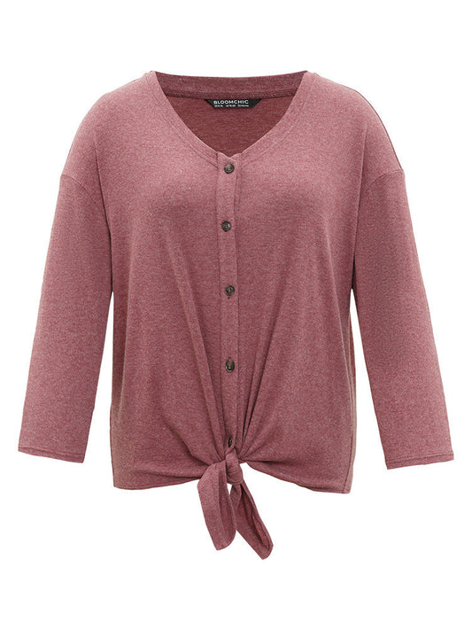 Plain Button Up Drop Shoulder Twist Hem T-shirt