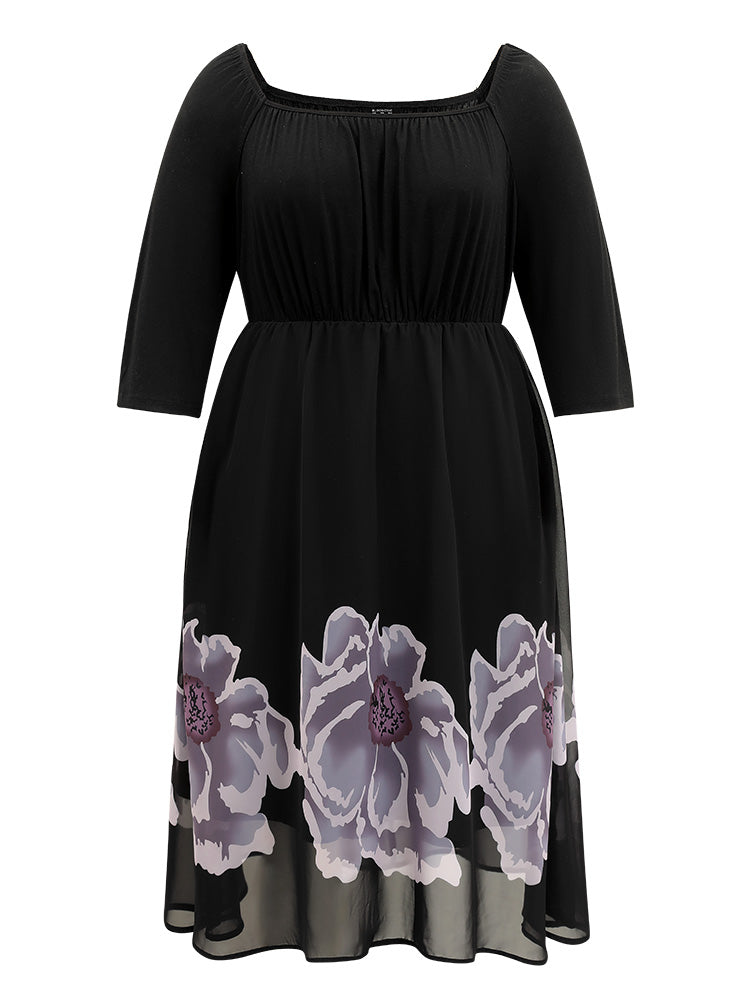 Boho Print Mesh Gathered Square Neck Dress