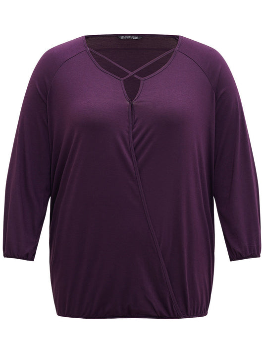 Plain Crisscross Keyhole Raglan Sleeve T-shirt