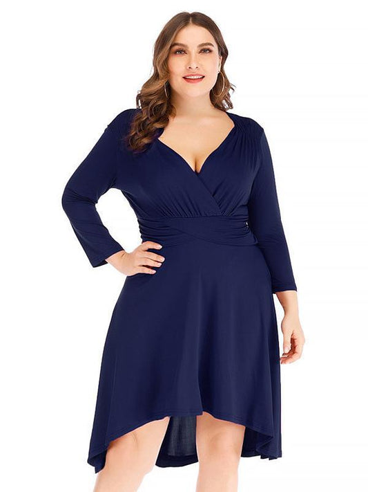 V-neck Creasing Solid Dress
